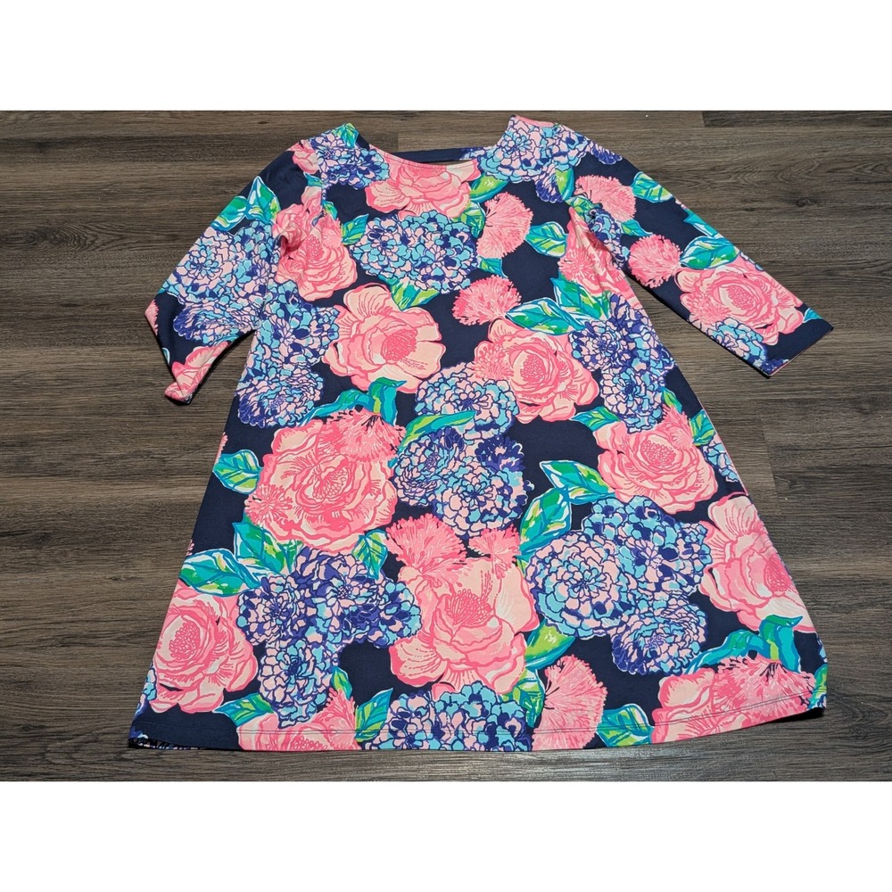 Lilly Pulitzer Ophelia Dress High Tide Navy Blue Pink Floral 3/4 Sleeve Large